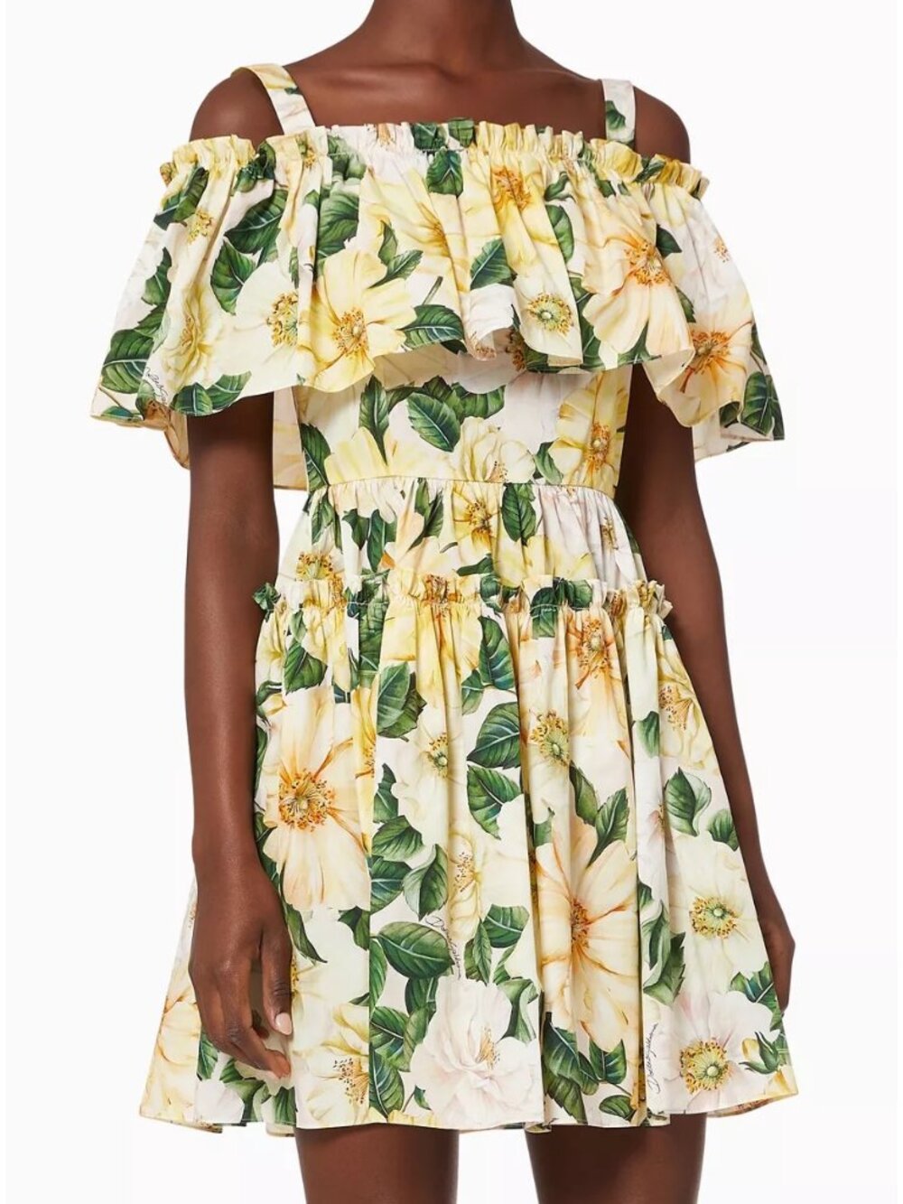 Dolce & Gabbana Camellia Print Mini Dress Yellow Floral Cold Shoulder IT 38